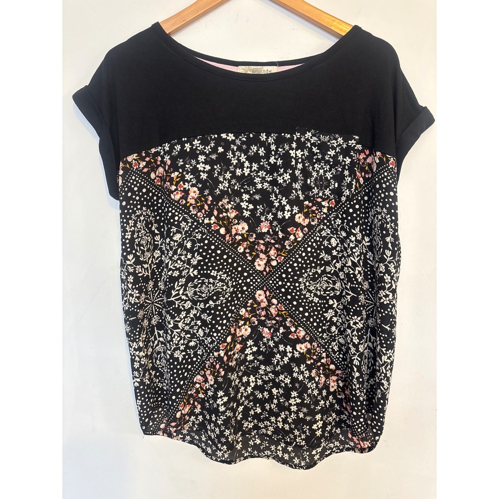 Rewind Womens XL Black Mixed Media Floral Patchwork Short Sleeve Blouse Top